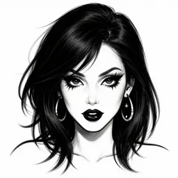 of a goth girl burlesque psychobilly, rockabilly, punk, black hair, detailed face, white background, drawing, illustration