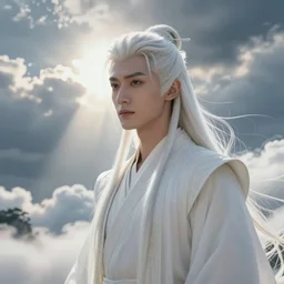 a portrait of a young handsome elven prince, white fringy hair, smooth, epic clouds, beautiful landscape, backlit, incredible lighting, strong rim light, subsurface scattering, highly detailed, god rays, digital painting, HDRI, by Heise Jinyao, Heise-Lian Yan Fang, Feimo, Richard Taddei, vivid colors, high contrast, 8k resolution, intricate, photorealistic