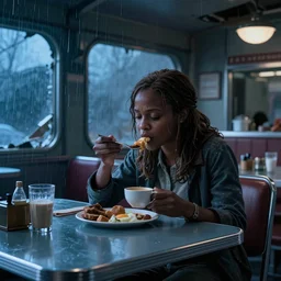 movie scene of an old black emma watson eating breakfast in the destroyed diner, cool blue lighting, rainy day, wonder war ( 2 0 0 8 )