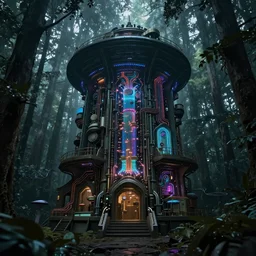 macro photography of the giant psychedelic cyberpunk cabin, fibre optics, reactor circuits, forest, cool dark tones of a rune temple