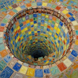 a deep hole with colorful tiles foing all the way down, painting by vincent van gogh, trending on artstation