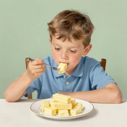 boy, 1 0 years old, sitting at the table eating a stick of butter on his fork from a plate with plenty of sticks of butter, illustration 1 9 3 0 s. the boy is facing the viewer.