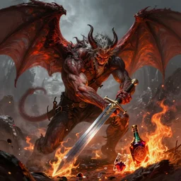 the witcher fighting a demon, demon with wings, broken bottle of magic potion, fire detail, fierce, sharp details, highly detailed sword, digital painting, trending artstation, epic fantasy, cinematic lighting, vibrant colors, photorealism, epic, octane render.