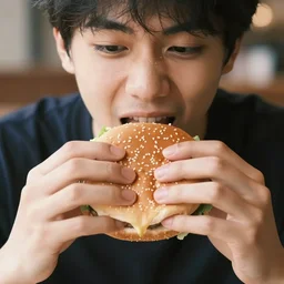 he is eating a burger. he is eating it with his hands. he is eating it with his mouth. he is eating it with his teeth. he is eating it with his tongue. he is eating it with his lips. he is eating it with his cheeks