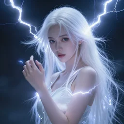 photorealistic girl with white hair and the power of lightning