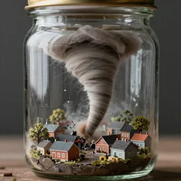A macro diorama surreal photo of a tornado inside a glass jar. Inside the glass jar is a small village and the tornado is destroying the village inside the jar. Closeup ultra macro photography, canon 200mm f/2.8 ISO 600, award winning, masterpiece photography, national geographic, very very very detailed high quality, 4k wallpaper