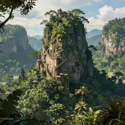 jungle fortress high in the mountains, lush jungle, in the style Jordan grimmer, trending on art station