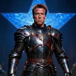 movie still frame, schwarzenegger as heroic fantasy armored knight with black armor covered in blood, a blue shining star in the background, beautiful composition, 8 k, cgi, by ridley scott, zack snyder and michael bay