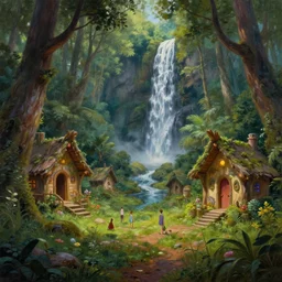 detailed painting of fairy huts in the moosy forest clearing near waterfall, in the style of peter mohrbacher, james jean, artgerm, dramatic lighting and composition, surreal background, octane render, pixar, trending on artstation, concept art, 8 k