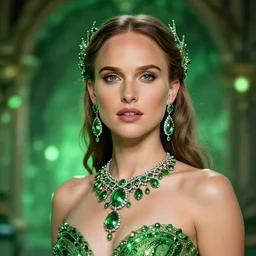 portrait natalie portman, glowing, ornate and intricate green jewelry, jaw dropping beauty, glowing background lighting, green accent lighting, hyper detailed, fairy tale, 4 k octane render