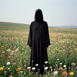 tall hooded shadow person figure standing in beautiful meadow of flowers, film photo from 1970s, grainy, high detail, high resolution