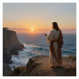 a stunning matte landscape painting of jesus of nazareth giving a sermon on a cliff, facing away from the camera watching the sunrise over the ocean, turbulent ocean in the background, sunrise, intricate, elegant, highly detailed, artstation, ultra sharp focus, volumetric lighting, art by greg rutkowski and rembrandt