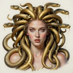 realistic portrait of medusa with her snakes, golden, delicate, hyper realism, 1 4 5 0, ink, ultra realistic, 8 k