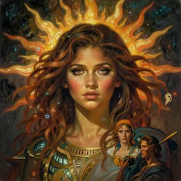 stunning, breathtaking, awe-inspiring award-winning concept art nouveau painting of attractive Zendaya as the goddess of the sun, with anxious, piercing eyes, by Alphonse Mucha, Michael Whelan, William Adolphe Bouguereau, John Williams Waterhouse, and Donato Giancola, cyberpunk, extremely moody lighting, glowing light and shadow, atmospheric, cinematic, 8K