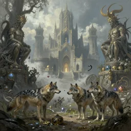 wolves and their treasures. spirits guard treasures of a thousand temples. fantasy style. octane render, highly detailed. illustration. digital painting by david caspar friedrich and h. r. giger