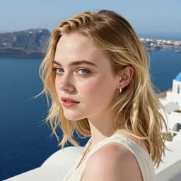 Elle Fanning waking through Santorini, ocean, head and shoulders, extremely detailed masterpiece, illustration, by Michael Sowa,