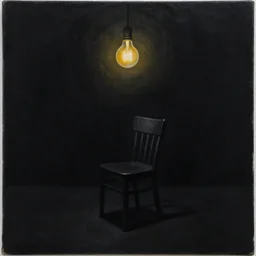 painting black void, single chair under a lightbulb, artstation, surreal, black void, claustrophobic, masterpiece by rembrandt, chiaroscuro, golden black, extreme shading
