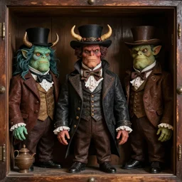 Cabinet card photograph of monsters dressed in Victorian clothing, hyperrealistic, beautiful hyperdetailed, depth of field, High definition, 8k, octane rend