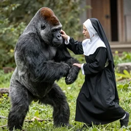 a silverback gorilla beating up a church nun