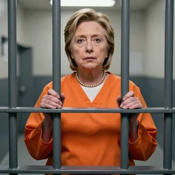 hyper realistic, hillary clinton depicted behind bars in prison, dressed in orange inmate attire, award winning