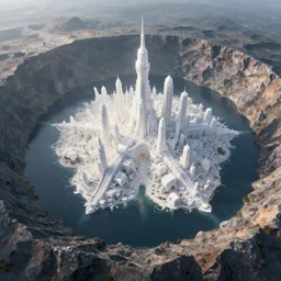 a highly detailed matte painting of futuristic fantasy city built into a meteor crater, island in the center of a crater lake with a river running through it, shining white city, aerial photography, ultrawide lens, art by john collier and albert aublet and krenz cushart and artem demura and alphonse mucha, volumetric lighting, octane render, 4 k resolution, trending on artstation, masterpiece