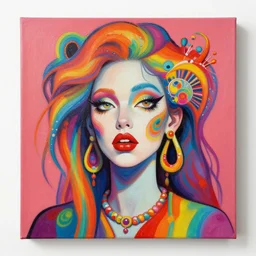 acrylic painting of a bizarre psychedelic woman in a rainbow, mixed media collage by basquiat and jackson pollock, maximalist magazine collage art, retro psychedelic illustration