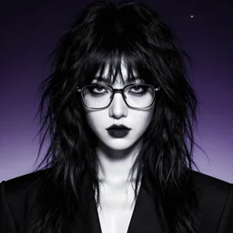 highly detailed closeup portrait of cool black hair shaggy, long hair glasses woman, wavy hair, black suit by atey ghailan, by greg rutkowski, by greg tocchini, by james gilleard, by joe fenton, by kaethe butcher, gradient dark purple, galaxy, black and white color scheme, grunge aesthetic
