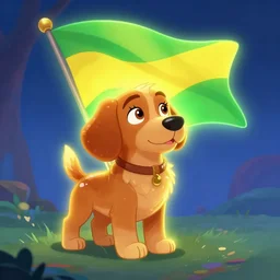 beautiful picture of |vira-latas| caramel dog and a green and yellow flag, glowing colors, fantasy art, trending on artstation, cgsociety, nice composition, great fantasy mood, classic Disney mood
