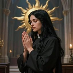 a priestess with long black hair, praying for the sun god in a cathedral. Epic fantasy, 4k. realistic. Detailed. Digital painting. Sharp focus, illustration, Beautiful, gorgeous. Cinematic. Dramatic. High contrast. artstation. smooth.