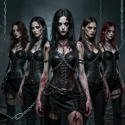 A portrait of zombiefid women covered in chains by Greg Rutkowski, Sung Choi, Mitchell Mohrhauser, Maciej Kuciara, Johnson Ting, Maxim Verehin, Peter Konig, Bloodborne, 8k photorealistic, cinematic lighting, HD, high details, dramatic, atmospheric , trending on artstation