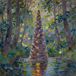 landscape, by claude monet, by john kenn mortensen, octane render, illustration, storybook illustration, bokeh, cinematic, glamor shot, cone, cinematic lighting, ray tracing reflections, woodland, cinematic
