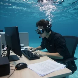photo of someone underwater working at an office desk, cinematic