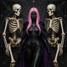 female steampunk necromancer accompained by two robotic skeletons,, skintight black clothes, dark purple cape, cute, black skin, pink straight hair, high fantasy, black metal fractal background, ornamental, intricate, dnd, highly detailed, two arms, detailed face, smooth, sharp focus, digital painting, by artgerm and greg rutkowski and alphonse mucha