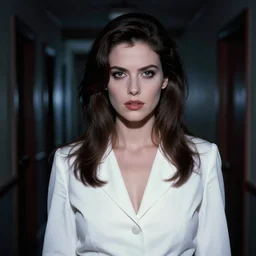90's professional color photograph, A beautiful woman in white, dark scary hallway at midnight, Close up, Front view, horror