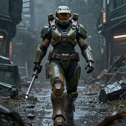 a beefy bulky female warrior in armor walking in a cyberpunk wasteland facing the camera, Inspired by Holly Tanaka from Halo 5, mjolnir armor from halo infinite without a helmet!!!!!!!!!!!!!!!!!!!!!!!!!, intricate, female face features!!!!!!!!!!!!!!!!!!!!!!!!!!!!!!!, 8K, octane render, Digital painting, concept art, illustration, sharp focus, centered, good value control, realistic shading, rational painting, a rainy night, water, wet, rain, rainstorm, rubber undersuit