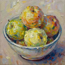 palette knife painting of a close up of a three - dimensional thick impasto oil painting of a bowl of fruit, seen through complex globular texture, vast amounts of wax - like lines of dripping oil paint cover nearly everything, painted by monet signac and keyhani, background thick encrusted paint