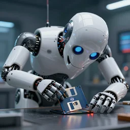 cinematic shot of a sci - fi robot eating a floppy disk