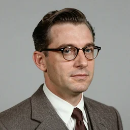 A photograph portrait of Jerma985 with slicked back hair wearing 1950s menswear and glasses in the 1950s, taken in the early 1950s, grainy, taken on a 1950s Kodak Camera, realistic, hyperrealistic, very realistic, highly detailed, very detailed, extremely detailed, detailed, digital art, trending on artstation