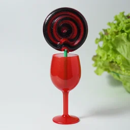 a photo of a lollipop with a red wrapper in the shape of a wine glass on a green stick wearing a kermit collar, the top is a black and red vortex made of velvet shards in the shape of a head red butter lettuce