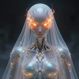 translucent iridescent cyborg with flaming eyes, veiled in mist, heroic lighting, dark fantasy, intricate, elegant, highly detailed, lifelike, photorealistic, digital painting, artstation, illustration, concept art, smooth, sharp focus, art by John Collier and Albert Aublet and Krenz Cushart and Artem Demura and Alphonse Mucha