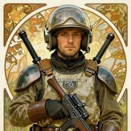 a beautiful portrait of a space bounty hunter by Alphonse Mucha trending on Artstation