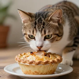 a kitty eating a chicken pot pie, hyper realistic, 8 5 mm, photograph, emotional