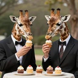 two giraffes dressed in suits eating cupcakes