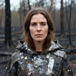 closeup portrait of a woman wearing a cloak made of scrap metal in a charred, burnt forest, by Annie Leibovitz and Steve McCurry, natural light, detailed face, CANON Eos C300, ƒ1.8, 35mm, 8K, medium-format print