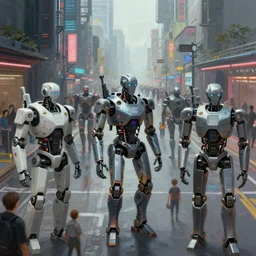 busy street of robot city. robots. cyberpunk. robotic. futuristic. cybernetic. vincent di fate. beeple. jim burns. trending on artstation. digital painting