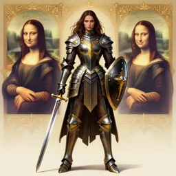 Gorgeous Lady in heavy armor, sword and shield in hands, Black and gold armor, metallic, long messy brown hair, latina skin, tall, full body view, by Frank Franzzeta, by Leonardo Da Vinci, high fantasy, ornamental, symmetry, trending on Artstation, ArtstationHD, artstationHQ, cgsociety