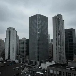 cityscape in the bleak future with brutalist architecture viewed from the side