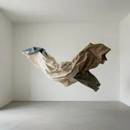 minimal interior surrealism, flying draped clothes inside