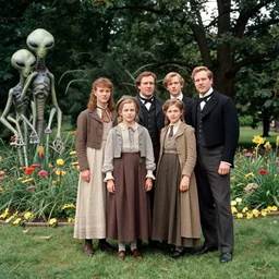 280mm film still from a sci fi blockbuster color movie made in 2019, set in 1860, of a  family standing in a park, next to some alien plants and flowers, the family are all wearing 1850s era clothes, good lighting, good photography