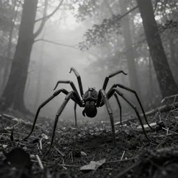 A giant long-legged spider lurking in a foggy forest, cinematic, black and white, 16mm, horror